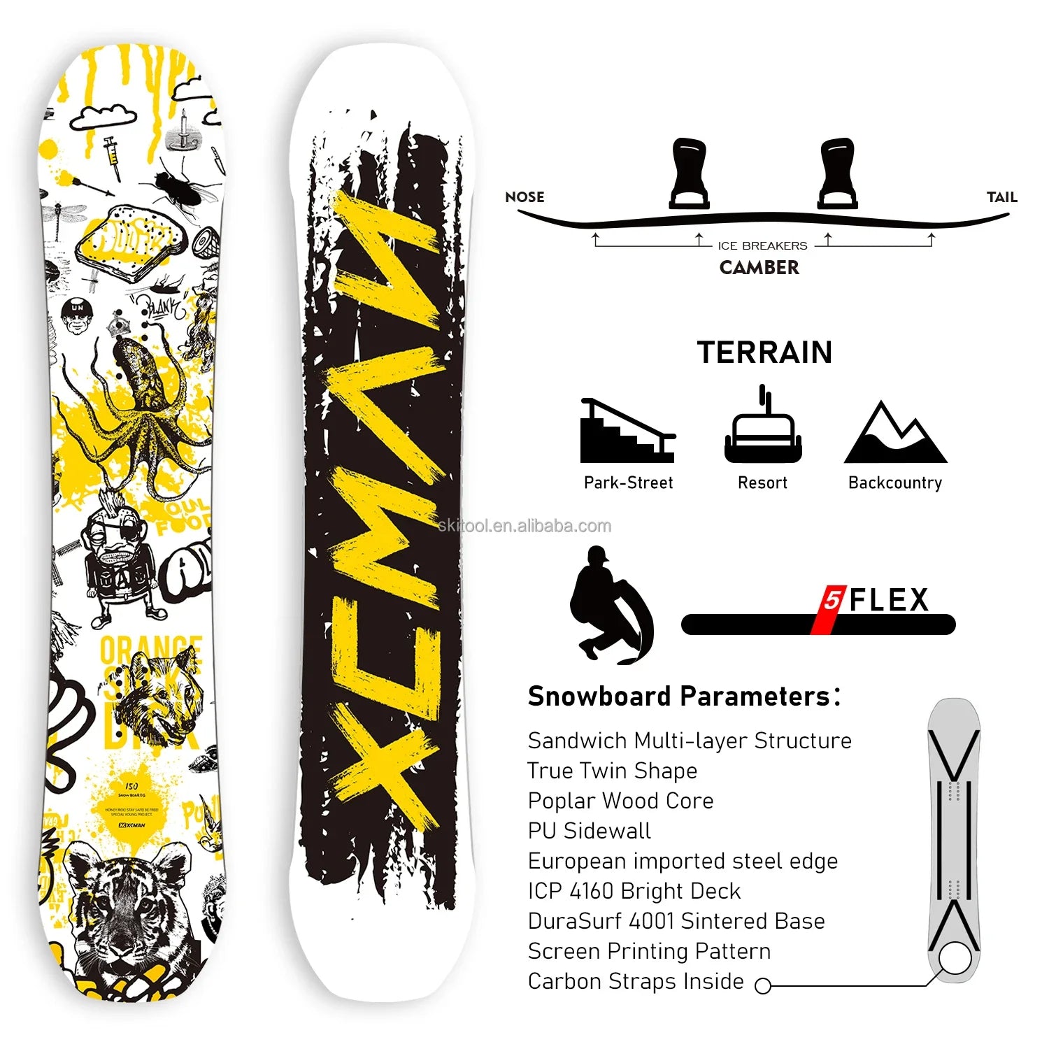 XCMAN Men's Complete Snowboard Package Camber True Twin Carved Snowboard + Bindings + Boots for All Terrain Best for Beginner