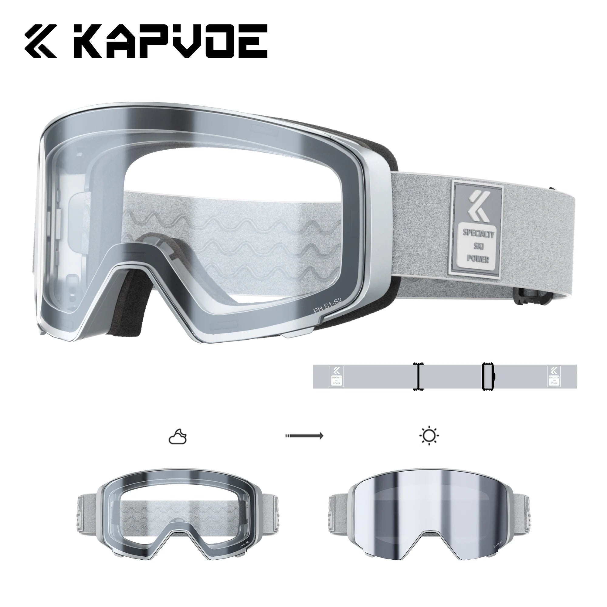 Kapvoe Photochromic Ski Goggles Magnetic Anti-Fog Lenses UV400 Protection Men Women Ski Goggles Snow Sunglasses Sports Eyewear